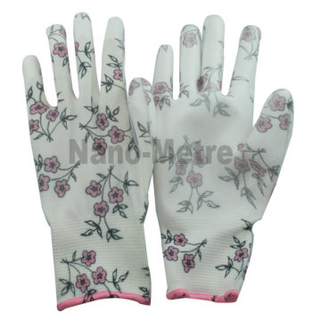 NMSAFETY belle agriculture picking gants 13 jauge fleur impression polyester doublure revêtement blanc PU gants de jardinage